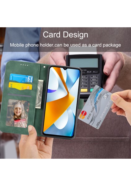 Dierfeng Df-03 Xiaomi Poco C40 4g Için Koruyucu Telefon Kılıfı, Pu Deri Çizgiler Baskılı Cüzdan Telefon Stand Kapak Yeşili (Yurt Dışından)