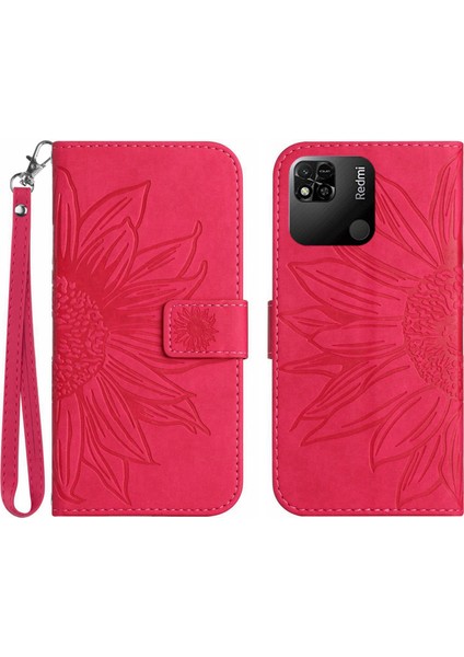 Xiaomi Redmi 10A Için Koruyucu Cep Telefonu Kapağı, HT04 Cilt Touch Baskı Basılı Ayçiçeği Flip Cüzdan Telefon Kılıfı El Strap-Rose ile (Yurt Dışından)