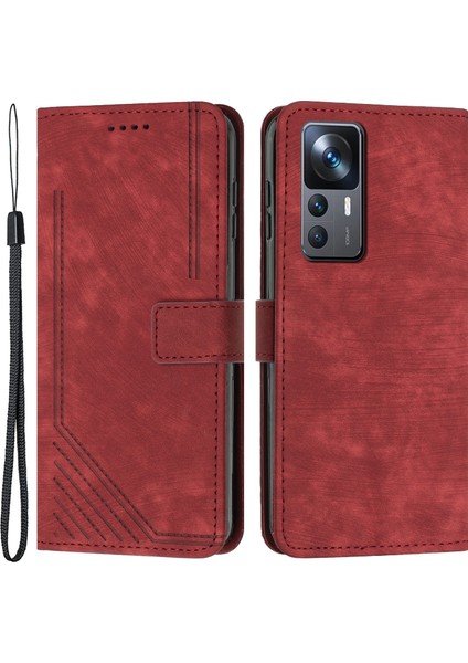 Xiaomi 12T 5G/12T Pro 5g/redmi K50 Ultra 5g Çizgileri Baskı Önleme Önleyici Telefon Kasası Cilt-Dokunuşlu Deri Cüzdan Kapağı Stand-Kırmızı ile (Yurt Dışından)