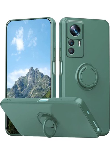 Xiaomi 12T Pro 5g Yüzük Kickstand Telefon Kasası Sıvı Silikon Koruyucu Telefon Kapağı Lanyard-Dark Yeşil (Yurt Dışından)