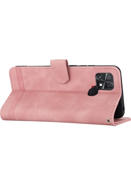 Dierfeng Df-03 Xiaomi Poco C40 4g Için Koruyucu Telefon Kılıfı, Pu Deri Çizgiler Baskılı Cüzdan Telefon Stand Kapak Pembe (Yurt Dışından)