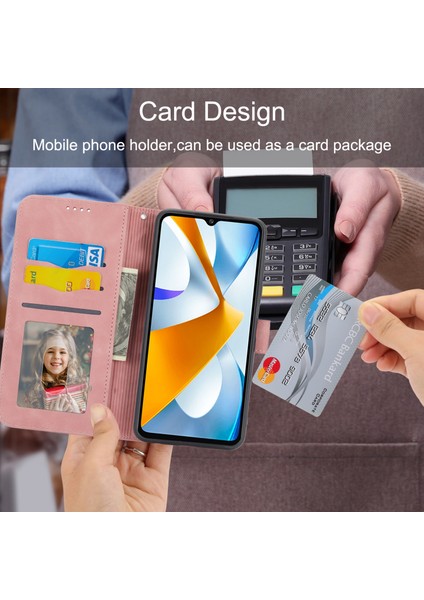Dierfeng Df-03 Xiaomi Poco C40 4g Için Koruyucu Telefon Kılıfı, Pu Deri Çizgiler Baskılı Cüzdan Telefon Stand Kapak Pembe (Yurt Dışından)