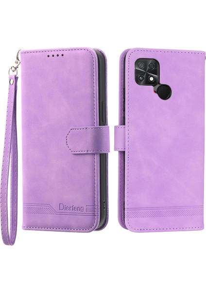 Dierfeng Df-03 Xiaomi Poco C40 4g Için Koruyucu Telefon Kılıfı, Pu Deri Çizgiler Baskılı Cüzdan Telefon Stand Kapak Morası (Yurt Dışından)