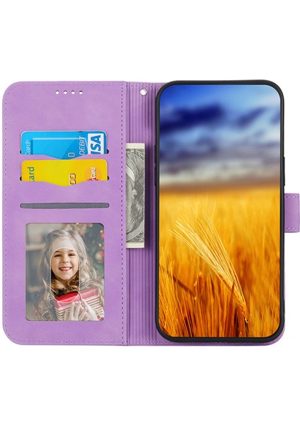 Dierfeng Df-03 Xiaomi Poco C40 4g Için Koruyucu Telefon Kılıfı, Pu Deri Çizgiler Baskılı Cüzdan Telefon Stand Kapak Morası (Yurt Dışından)