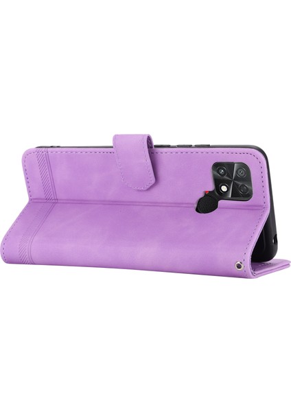 Dierfeng Df-03 Xiaomi Poco C40 4g Için Koruyucu Telefon Kılıfı, Pu Deri Çizgiler Baskılı Cüzdan Telefon Stand Kapak Morası (Yurt Dışından)