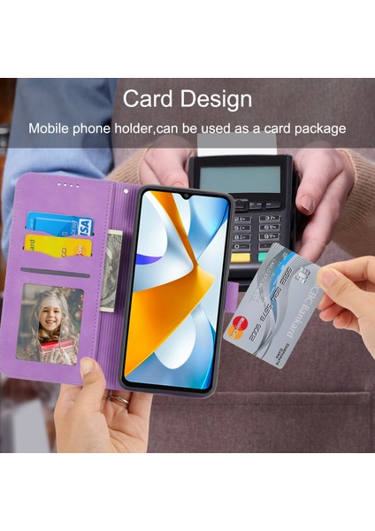 Dierfeng Df-03 Xiaomi Poco C40 4g Için Koruyucu Telefon Kılıfı, Pu Deri Çizgiler Baskılı Cüzdan Telefon Stand Kapak Morası (Yurt Dışından)