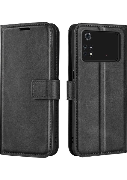 Xiaomi Için Poco M4 Pro 4g Manyetik Kıta Dokulu Pu Deri Kılıf Cüzdan Stand Flip Telefon Kapağı Black (Yurt Dışından)