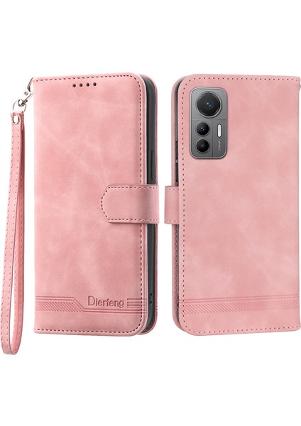 Dierfeng Df-03 Xiaomi Için 12 Lite 5g Deri Telefon Kılıfı Cüzdan Çizgileri Baskılı Desen Telefon Stand Kapak Pembe (Yurt Dışından)