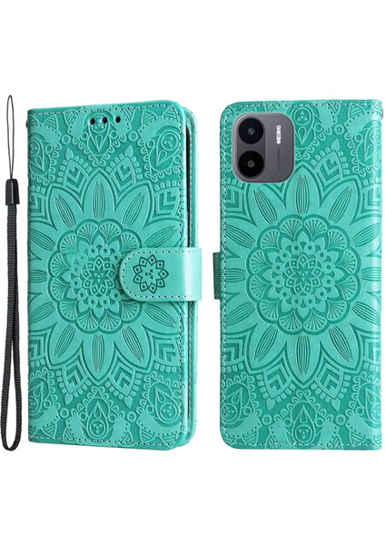 Xiaomi Için Redmi A1 4g/a2 4g Ayçiçeği Baskılı Pu Deri Cüzdan Kılıf Katlanabilir Stand Tam Vücut Koruma Kapağı El Kayış Yeşili (Yurt Dışından)
