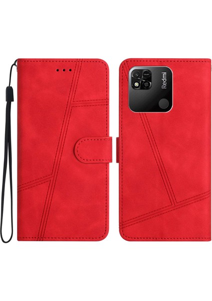 Xiaomi Için Redmi 10A Cep Telefonu Kılıfı Cüzdan Cilt Touch Hissed Hisset Retro Pu Deri Dikiş Hattı Dekor Telefon Kapak-Kırmızı (Yurt Dışından)