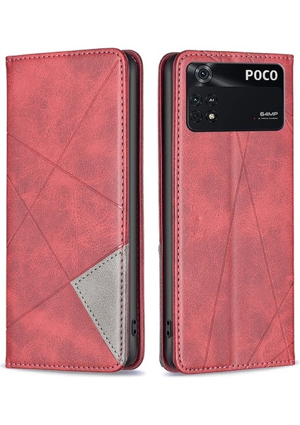 Xiaomi Için Poco M4 Pro 4g Pu Deri Kart Tutucu Baskıda Baskı Rhombus Desen Telefon Kılıfı Çanta-Kırmızı (Yurt Dışından)