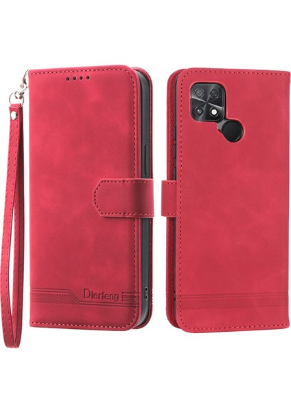 Dierfeng Df-03 Xiaomi Poco C40 4g Için Koruyucu Telefon Kılıfı, Pu Deri Çizgiler Baskılı Cüzdan Telefon Stand Kapak-Kırmızı (Yurt Dışından)