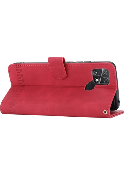 Dierfeng Df-03 Xiaomi Poco C40 4g Için Koruyucu Telefon Kılıfı, Pu Deri Çizgiler Baskılı Cüzdan Telefon Stand Kapak-Kırmızı (Yurt Dışından)