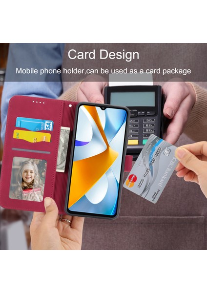 Dierfeng Df-03 Xiaomi Poco C40 4g Için Koruyucu Telefon Kılıfı, Pu Deri Çizgiler Baskılı Cüzdan Telefon Stand Kapak-Kırmızı (Yurt Dışından)