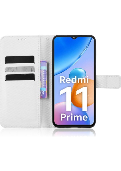 Xiaomi Redmi Için 11 Prime 4g Pu Deri Stand Manyetik Kapatma Cep Telefonu Kapak Elmas Dokusu Flip Cüzdan Telefon Kapağı Strap-White ile (Yurt Dışından) modelleri