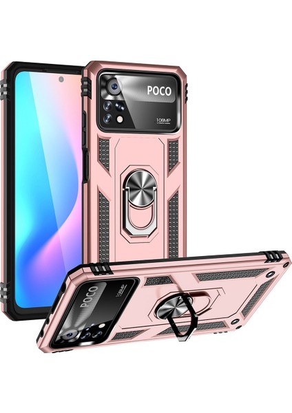 Xiaomi Poco X4 Pro 5g Yüzük Kickstand Telefon Kasası Yumuşak Tpu+Sert Pc Askeri Şok Geçirmez Koruyucu Koruyucu Kapak Golü (Yurt Dışından)