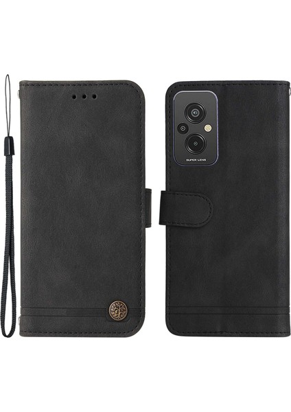 Xiaomi Redmi Için 11 Prime 4g Pu Deri Deri Flip Cüzdan Telefon Kılıfı Stand Özellik Ağaç Desen Metal Düğmesi Dekor Çizgileri Baskılı Strap-Black ile Cilt Touch Kapağı (Yurt Dışından)