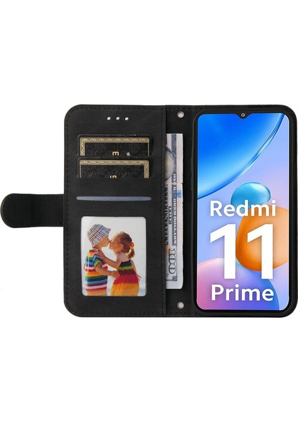 Xiaomi Redmi Için 11 Prime 4g Pu Deri Deri Flip Cüzdan Telefon Kılıfı Stand Özellik Ağaç Desen Metal Düğmesi Dekor Çizgileri Baskılı Strap-Black ile Cilt Touch Kapağı (Yurt Dışından) fiyatları