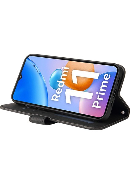 Xiaomi Redmi Için 11 Prime 4g Pu Deri Deri Flip Cüzdan Telefon Kılıfı Stand Özellik Ağaç Desen Metal Düğmesi Dekor Çizgileri Baskılı Strap-Black ile Cilt Touch Kapağı (Yurt Dışından) modelleri