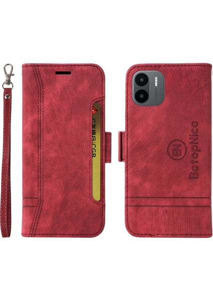 Xiaomi Için Redmi A1 4g/a2 4g Pu Deri Deri Anti-Fall Telefon Kılıf Cüzdan Stand Baskılı Dikiş Hattı Koruyucu Cep Telefonu Kapak-Kırmızı (Yurt Dışından)