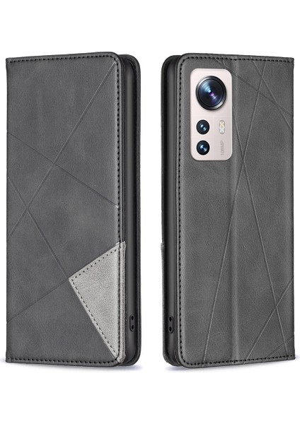 Xiaomi Için 12 Lite Geometrik Basılı Manyetik Otomatik Ahmsorbed Pu Deri Kapak Kart Tutucu Stand Iç Tpu Case Black (Yurt Dışından)