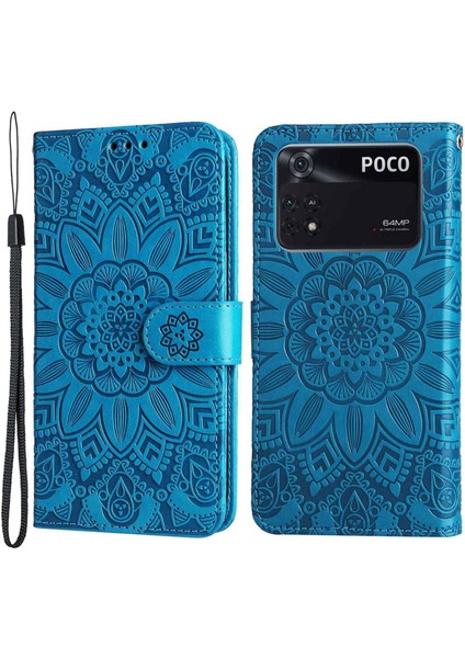 Xiaomi Için Poco M4 Pro 4g Ayçiçeği Baskılı Telefon Kılıfı Pu Deri Cüzdan Stand Sıralamaya Dayanıklı Flip Telefon Kapağı Bilek Kayış Mavisi (Yurt Dışından)