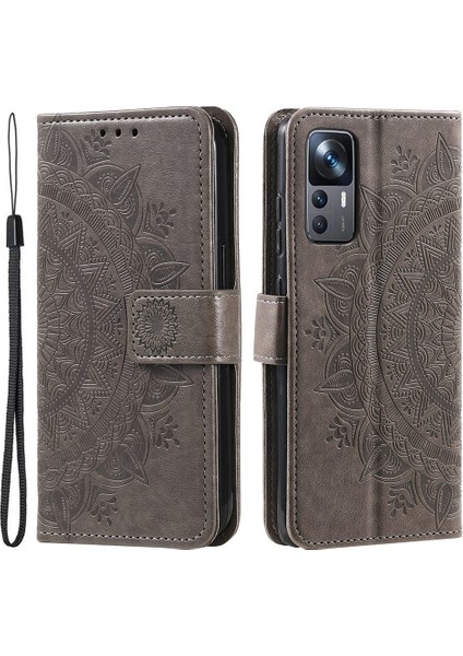 Xiaomi 12T 5g/redmi K50 Ultra 5G/12T Pro 5g Mandala Çiçek Deseni Baskılı Katlanır Stand Pu Deri Kılıf Tpu Iç Kabuk Cüzdan Flip Kapak Kayış-Grey (Yurt Dışından)