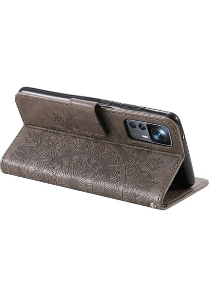Xiaomi 12T 5g/redmi K50 Ultra 5G/12T Pro 5g Mandala Çiçek Deseni Baskılı Katlanır Stand Pu Deri Kılıf Tpu Iç Kabuk Cüzdan Flip Kapak Kayış-Grey (Yurt Dışından) fırsatları