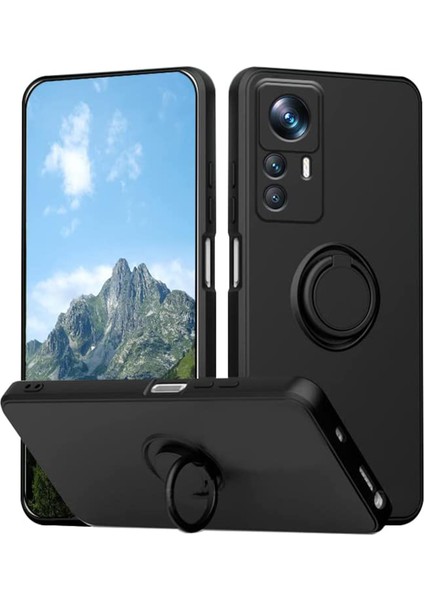 Xiaomi 12T 5g/redmi K50 Ultra 5g Yüzük Kickstand Sıvı Silikon Telefon Kılıfı Cep Telefonu Kapak Lanyard-Black (Yurt Dışından)