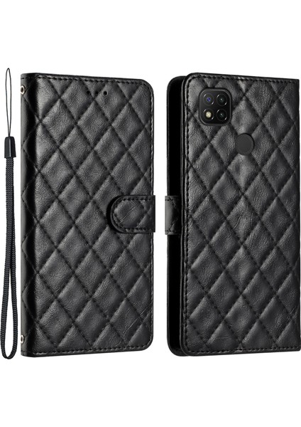 Xiaomi Için Redmi 10A Pu Deri Deri Stand Kapağı Dikiş Hattı Rhombus Cüzdan Telefon Kılıfı Black (Yurt Dışından)