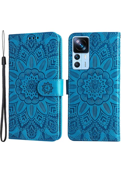 Xiaomi 12T 5g/redmi K50 Ultra 5G/12T Pro 5g Pu Deri Ayçiçeği Baskılı Stand Telefon Kılıfı Manyetik Kapak El Strap-Blue (Yurt Dışından)