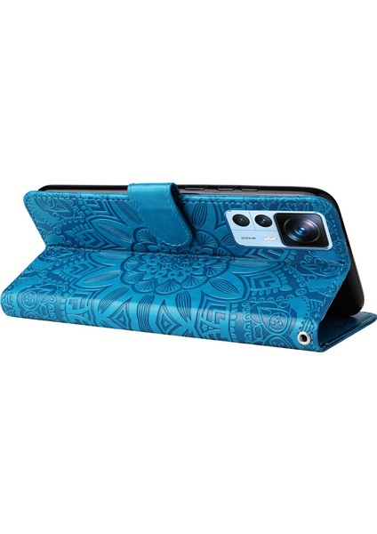 Xiaomi 12T 5g/redmi K50 Ultra 5G/12T Pro 5g Pu Deri Ayçiçeği Baskılı Stand Telefon Kılıfı Manyetik Kapak El Strap-Blue (Yurt Dışından)
