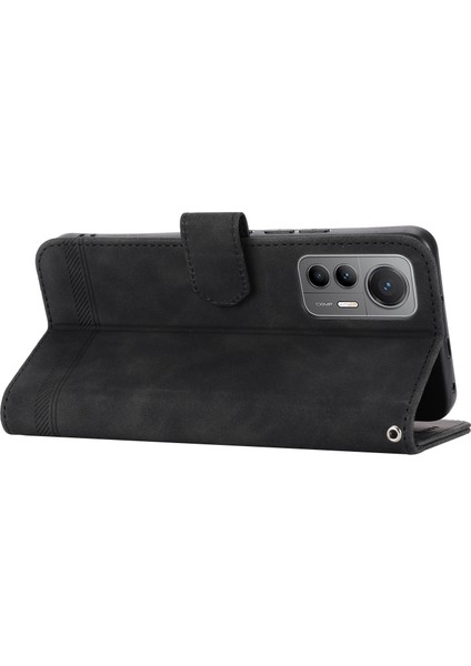 Xiaomi Için Dierfeng Df-03 12T 5g/redmi K50 Ultra 5g Çizgileri Baskılı Deri Kılıf Stand Cep Telefonu Kapak Black (Yurt Dışından) modelleri