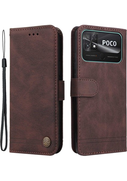 Xiaomi Için Poco C40 4g Ağaç Desen Metal Düğmesi Cilt-Touch Pu Deri Kılıf Cüzdan Stil Çizgileri Baskılı Manyetik Flip Stand Kapağı Strap-Brown (Yurt Dışından)