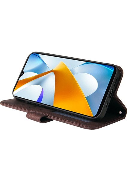 Xiaomi Için Poco C40 4g Ağaç Desen Metal Düğmesi Cilt-Touch Pu Deri Kılıf Cüzdan Stil Çizgileri Baskılı Manyetik Flip Stand Kapağı Strap-Brown (Yurt Dışından)