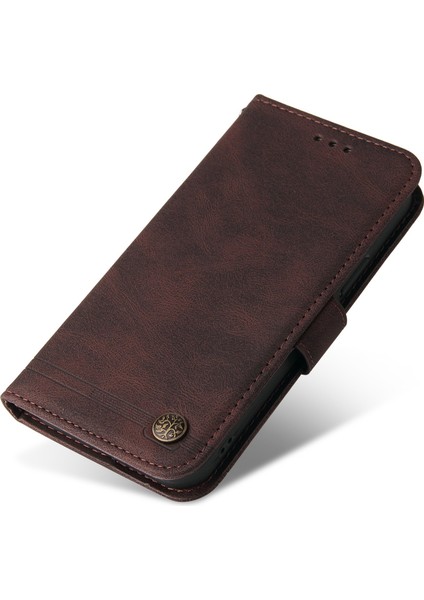 Xiaomi Için Poco C40 4g Ağaç Desen Metal Düğmesi Cilt-Touch Pu Deri Kılıf Cüzdan Stil Çizgileri Baskılı Manyetik Flip Stand Kapağı Strap-Brown (Yurt Dışından)