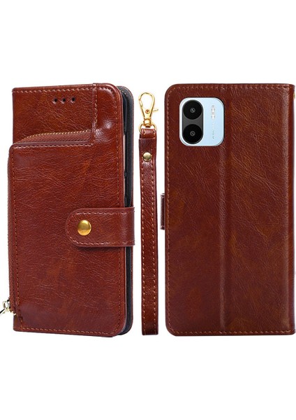 Xiaomi Için Redmi A1 4g/a2 4g Fermuar Cep Pu Deri Deri Stand Cüzdan Kılıfı Folio Flip Şok Geçirmez Telefon Kapağı Kullanışlı Kayış-Kahverengi (Yurt Dışından)