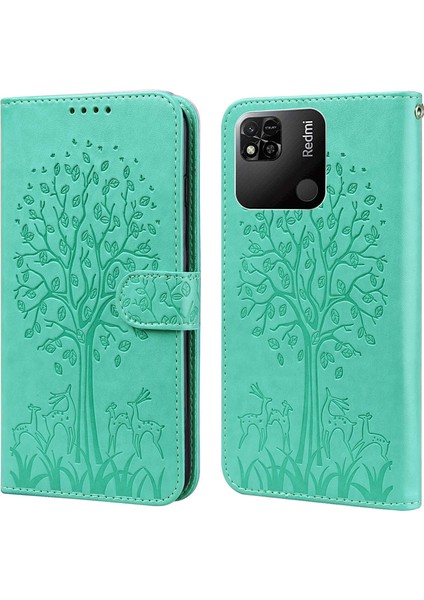 Xiaomi Için Redmi 10A Geyik Ağacı Deseni Baskılı Pu Deri Kapak Manyetik Toka Folio Flip Case Stand-Yeşil (Yurt Dışından)