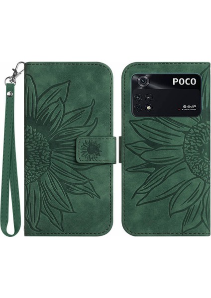 Xiaomi Poco M4 Pro 4g HT04 Cüzdan Telefon Kılıfı Baskılı Ayçiçeği Stand Strap-Dark Yeşil (Yurt Dışından)