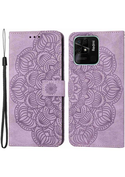 Xiaomi Redmi Için 10C Her Şey Dahil Koruma Telefon Kılıfı Pu Deri Mandala Çiçek Baskılı Stand Özellik Telefon Cüzdan Tarzı Kapak Morası (Yurt Dışından)