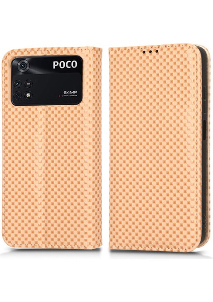 Xiaomi Poco M4 Pro 4g Için Pu Deri Telefon Kapağı, Baskılı Izgara Desen Standı Durumu Manyetik Otomatik Emzik Cüzdan Kılıf Bej (Yurt Dışından)
