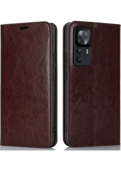 Xiaomi 12T 5G/12T Pro 5g/redmi K50 Ultra Telefon Kılıfı Çılgın At Dokusu Orijinal Inek Deri Stand Cüzdan Kapak-Dark Brown (Yurt Dışından)