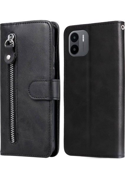 Xiaomi Redmi A1 4g/a2 4g Pu Deri Fermuar Cep Stand Telefon Kılıf Buzağı Dokusu Tam Koruma Cüzdan Iç Tpu Kapak Black (Yurt Dışından)