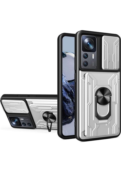 Xiaomi 12T Pro 5g Kart Tutucu Yüzüğü Manyetik Kickstand Telefon Kılıfı Pc+Tpu Telefon Koruyucusu Slayt Kameralı Kapak-Beyaz (Yurt Dışından)