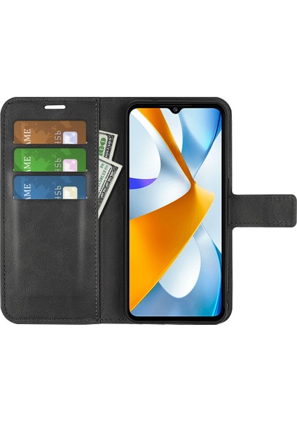 Xiaomi Için Poco C40 4g Pu Deri Telefon Kılıf Buzağı Doku Stand Cüzdan Manyetik Flip Telefon Kapağı Black (Yurt Dışından)