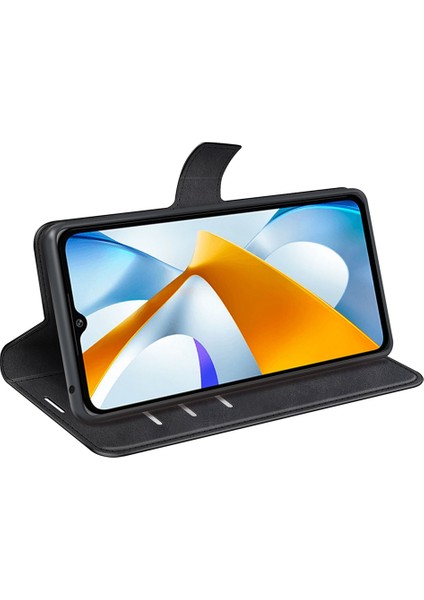 Xiaomi Için Poco C40 4g Pu Deri Telefon Kılıf Buzağı Doku Stand Cüzdan Manyetik Flip Telefon Kapağı Black (Yurt Dışından)