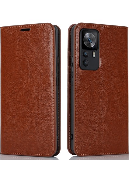 Xiaomi 12T 5G/12T Pro 5g/redmi K50 Ultra Telefon Kılıfı Çılgın At Dokusu Orijinal Inek Deri Stand Cüzdan Kapak Işık Kahverengi (Yurt Dışından)