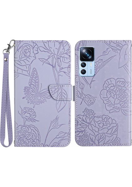 Xiaomi 12T 5g/redmi K50 Ultra 5G/12T Pro 5g Kelebek Çiçekleri Baskılı Koruyucu Kapak Cilt Doku Pu Deri Stand Manyetik Kapanma Flip Folio Telefon Kılıfı Kullanışlı Kayış Işığı Mor ile (Yurt Dışından)