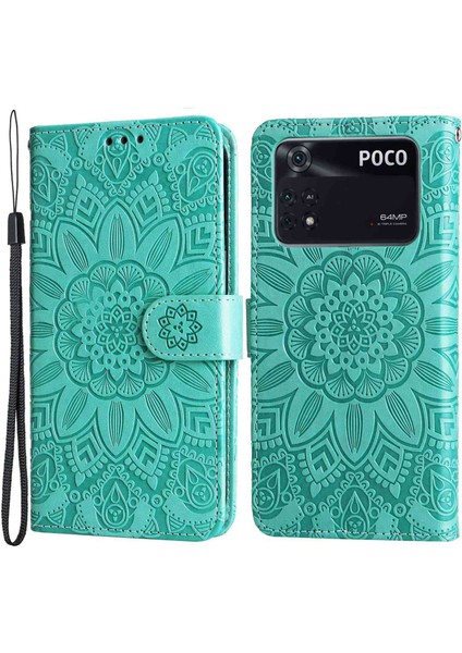Xiaomi Için Poco M4 Pro 4g Ayçiçeği Baskılı Telefon Kılıfı Pu Deri Cüzdan Stand Sıçrama Dayanıklı Flip Telefon Kapağı Bilek Kayış-Yeşil ile (Yurt Dışından)