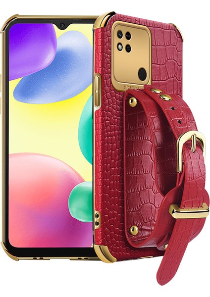 Xiaomi Için Redmi 10A Elektrapılaşma Timsah Doku Telefon Kılıfı Karakter Anti Koruyucu Cep Telefonu Kapağı Kesin Kesim Pu Deri Kaplamalı Tpu Kabuğu El Kayışı Kickstand-Red (Yurt Dışından)